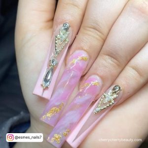 Rose Gold Pink Marble Nails With Embellishments