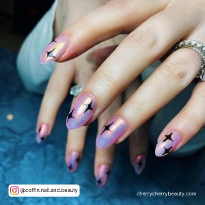 Rose Pink Chrome Nails With Black Stars