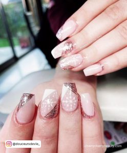 Shimmery Christmas Short Acrylic Nails With Snowflakes Design