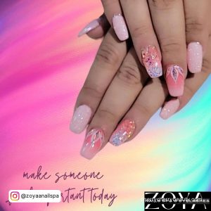 Shimmery Pink Summer Acrylic Nails With Flowers And Multicolored Background