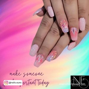 Shimmery Pink Summer Acrylic Nails With Flowers And Multicolored Background