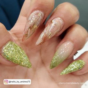 Shimmery Stiletto Fall Green Acrylic Nails With Gold Flakes