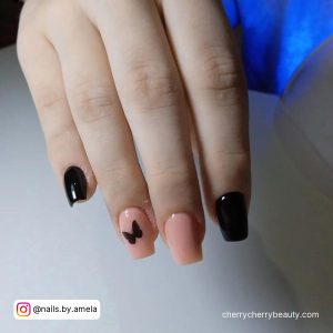 Short Acrylic Nails Black With Butterfly On Ring Finger