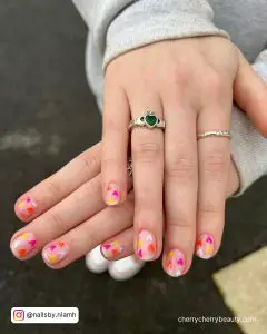 Short Acrylic Nails Spring With Pink, White And Yellow Hearts