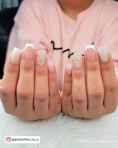Short Acrylic Spring Nails With Design On Ring Finger