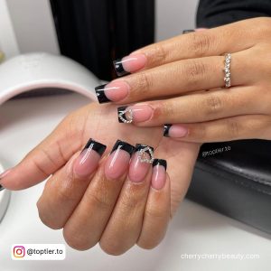 Short Black French Tip Nails With Diamond Hearts
