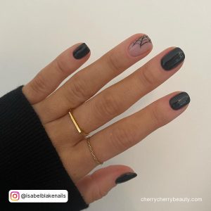 Short Black Nail Designs With A Web On Ring Finger