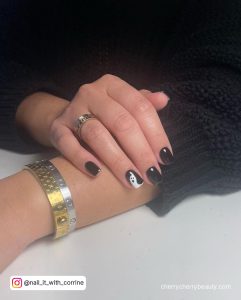Short Black Nails Designs With Ghost On Ring Finger