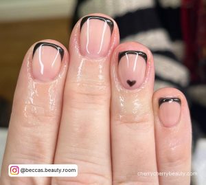 Short Black Tip Nails With A Heart On Ring Finger