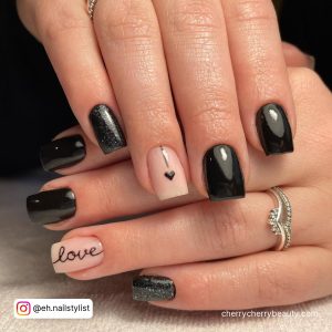 Short Coffin Black Nail Designs With Love Written On One Finger