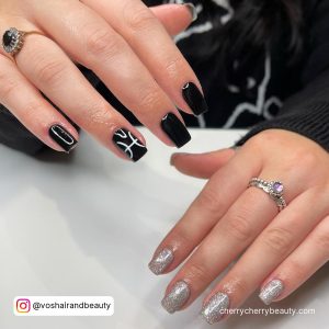 Short Cute Birthday Nails In Black And Silver