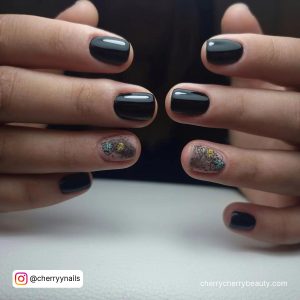 Short Nail Designs Black With Design On Ring Finger