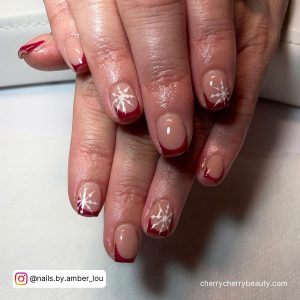 Short Nude Acrylic Nails With Red Tips
