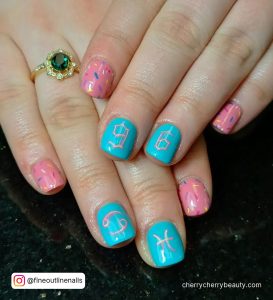 Short Pink Birthday Nails With Blue Combination