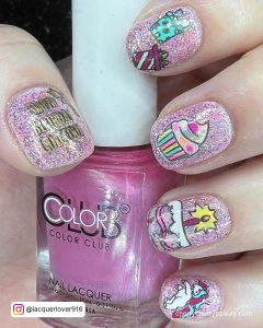 Short Pink Birthday Nails With Glitter