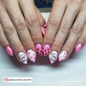 Short Pink Cow Print Nails In Stiletto Shape