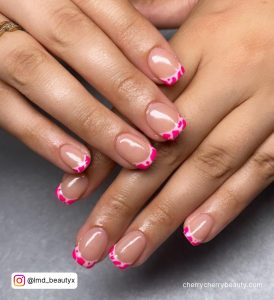 Short Pink Cow Print Nails With French Tips
