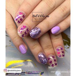 Short Purple Acrylic Nails With Butterflies