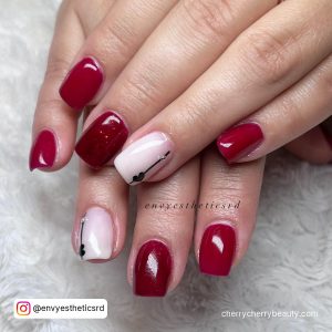 Short Red Square Acrylic Nails Over White Fur