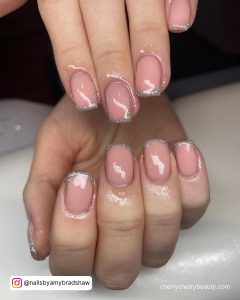 Short Square Clear Pink Nails And Silver Tips