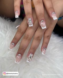 Short Square French Tip Acrylic Nails With Teddies And Rhinestones Over White Fur