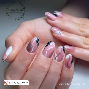 Short White Nails With Black Line Designs