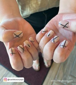 Short White Nails With Black Line Designs