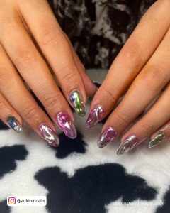 Silver Chrome Acrylic Nails In Pink And Green