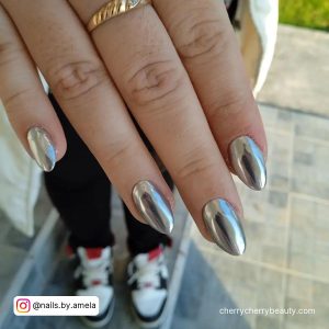 Silver Chrome Gel Nails In Almond Shape