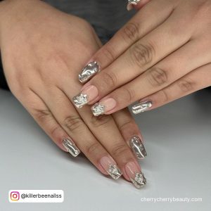 Silver Chrome Powder Nails With French Tips