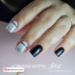 Silver Nails With Black Line Design
