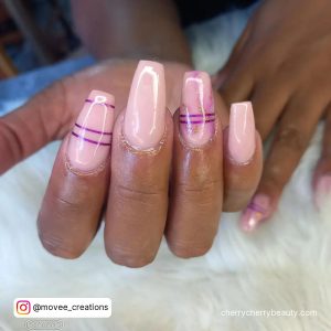 Simple Coffin Acrylic Nail Designs With Purple Line Work Over White Fur