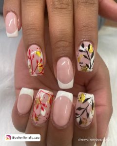 Simple French Tip Acrylic Nails With Designs Over White Fur