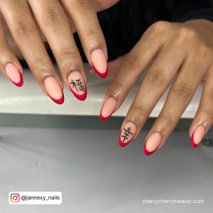 Simple Matte Summer Nails Acrylic With Inscriptions And Red Tips Over White Surface