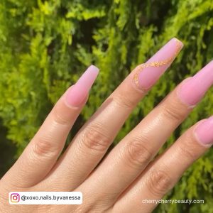Simple Pink Acrylic Nails With Gold Flakes And Green Leave In Background