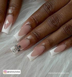 Simple White Coffin French Acrylic Nails With Cross Shaped Add-On Over White Fur