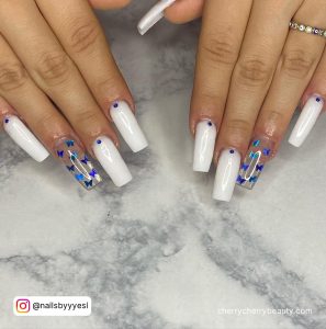 Simple White Nails With Blue Butterflies
