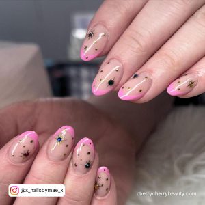 Spring Short Acrylic Nails With Pink Tips And Black Stars