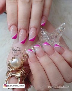 Square French Tip Nails Pink Holding A Keychain