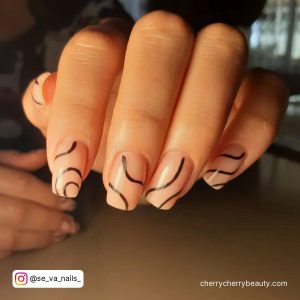 Square Nude Nails With Black Line Design