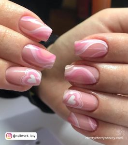 Square Pink And White Nails With Hearts And Swirls