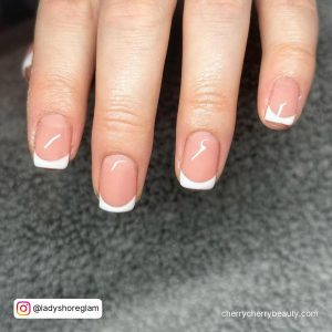 Square Summer Short Acrylic Nails With French Tips Over Black And Grey Surface
