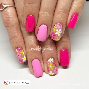 Summer Bright Pink Nails With Flowers