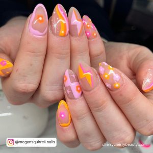 Summer Nails Orange And Pink With Lightning Design