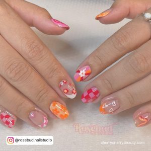 Summer Nails Pink And Orange With Check Pattern