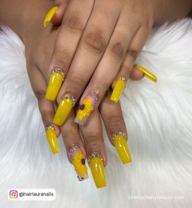 Summer Yellow Acrylic Nails With Sunflower On One Finger