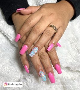 Tapered Square Pink Nails With Design On Ring Finger