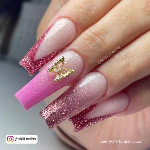 Trendy Acrylic Nail Designs In Pink With Glitter And Butterfly
