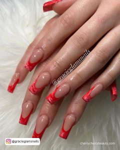 Trendy French Red Tip Acrylic Nails On White Fur