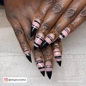 Trendy Stiletto Black Lines Design On Nails